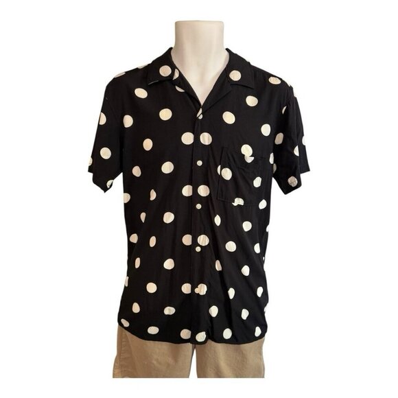 Selected Homme Mens Regular Fit Dotted Shirt~Size 15~Black Print Short Sleeve - Picture 1 of 9